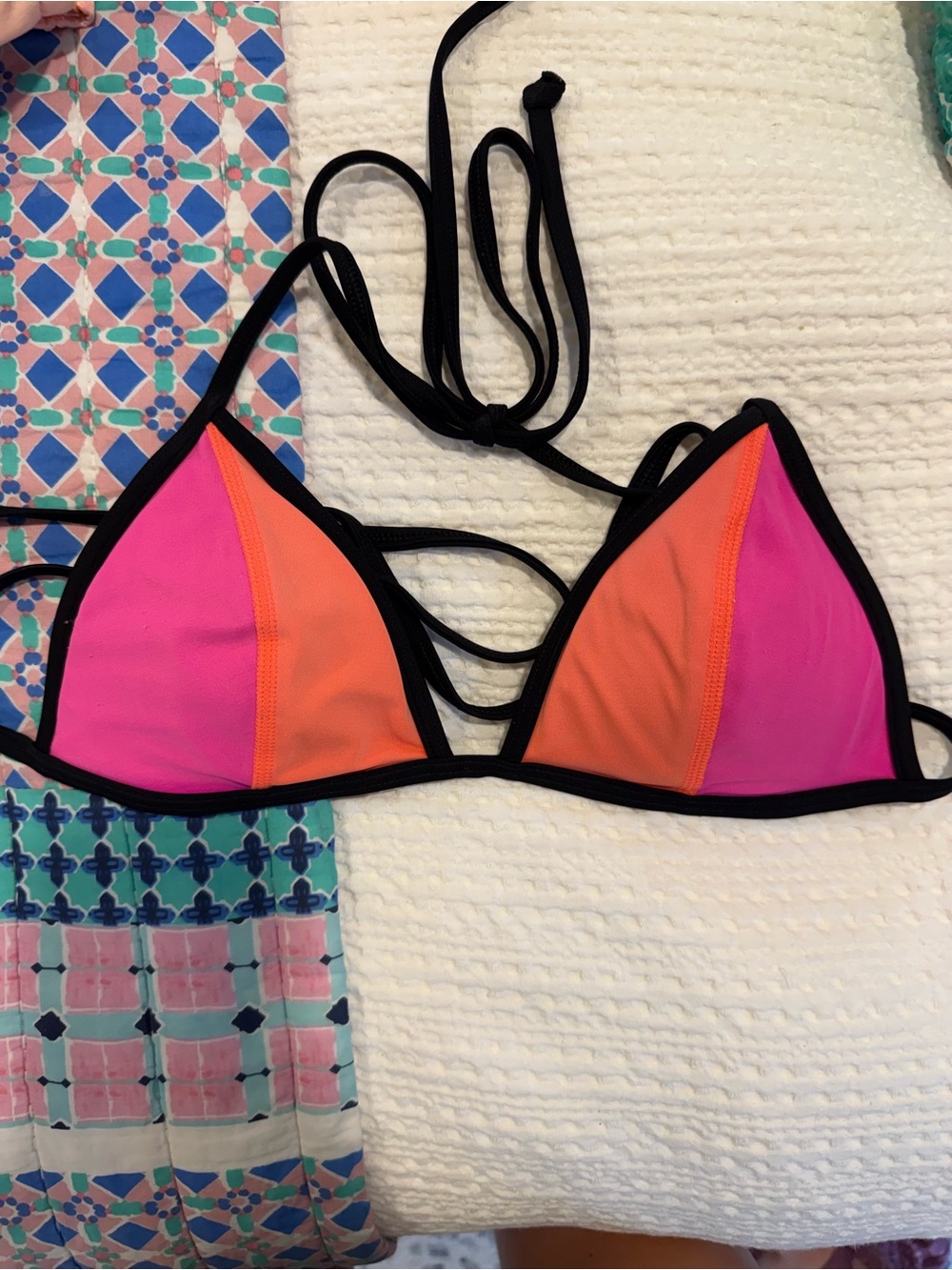 Colorblock Pink & Orange Triangle Bikini Top with Black Trim